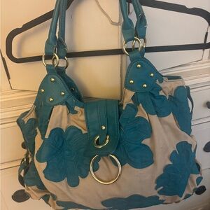 Big Buddha Teal and Beige Floral Shoulder Bag